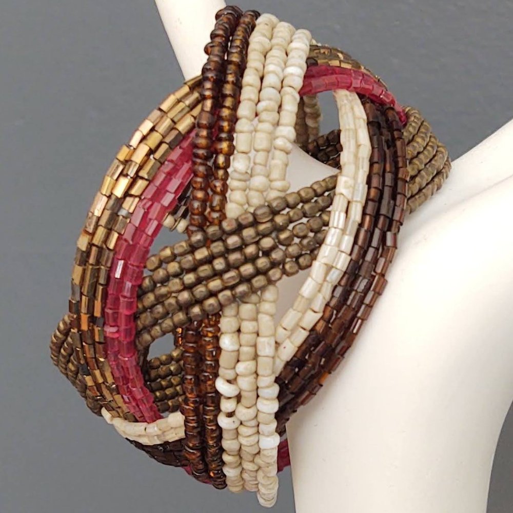 Bronze, red & tan seed & metal beaded bracelet